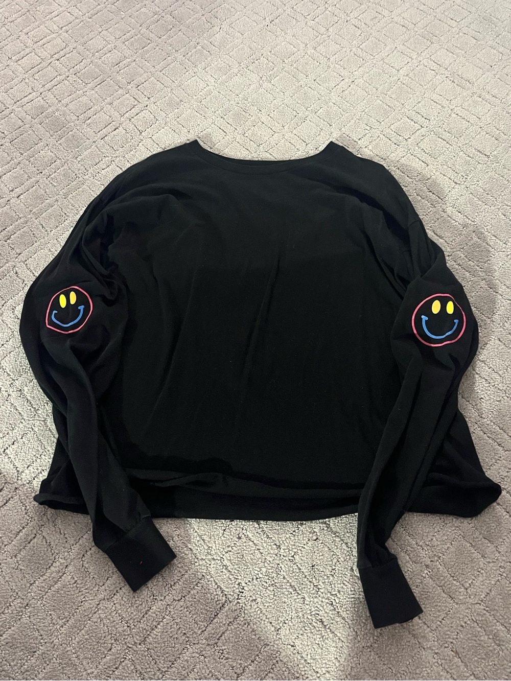 Black Long Sleeve Tee with Smiley Elbow Patches